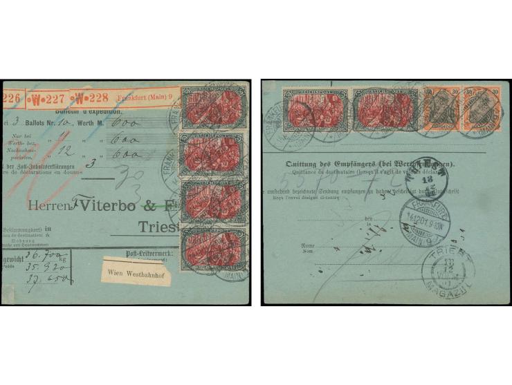 5 M., Type IV, senkrechtes Paar und 4 Einzelstücke zusammen mit 2 Stück 30 Pfg. vorder- und rückseitig auf Wertpaketkarte von