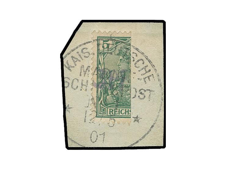 Vineta-Provisorium 3 Pf. auf linker Hälfte 5 Pfg. Germania, mit sauberem Stempel "KAIS. DEUTSCHE MARINE SCHIFFSPOST No. 1 12/