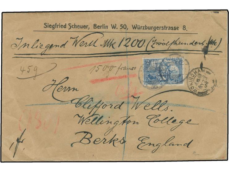 2 M. gotisch als Einzelfrankatur auf Wertbrief über 1200 M. von "BERLIN 20.5.04" nach England mit vorder- und rückseitigen Tr