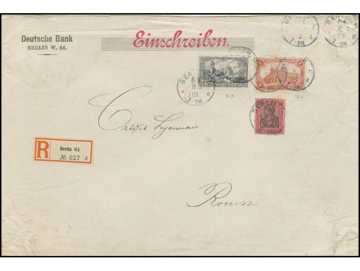 Zähnung B: 3 M. schwarzbraunviolett mit 1 M. karminrot mit Zähnung A und Germania 80 Pfg., je mit Stempel "BERLIN W. 64 8.3.0