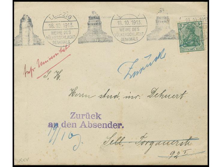 1905/13, Friedensdruck: 5 Pfg. grün auf Ortsbrief mit Maschinenstempel "LEIPZIG WEIHE DES VÖLKERSCHLACHT-DENKMALS 18.10.13" m