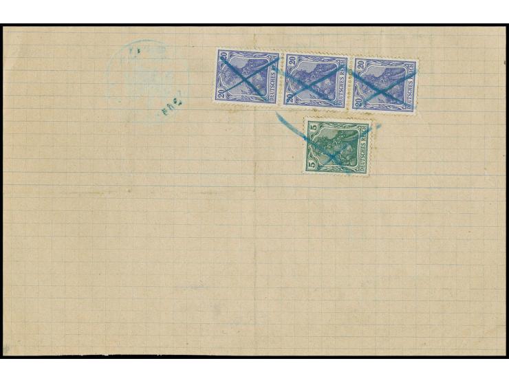 1915/19, Kriegsdrucke: 5 Pfg. und 20 Pfg. im senkrechten 3er-Streifen mit Blaustiftentwertung als Gebühr für 13 Wörter rückse