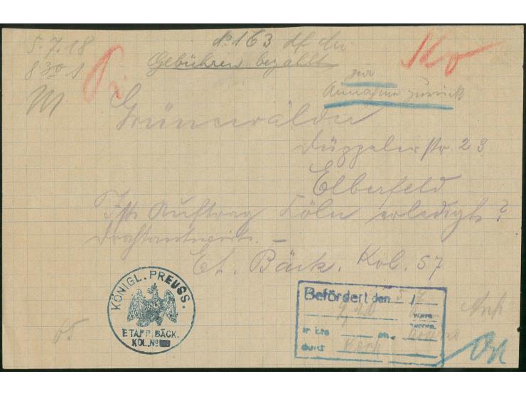 1915/19, Kriegsdrucke: 5 Pfg. und 20 Pfg. im senkrechten 3er-Streifen mit Blaustiftentwertung als Gebühr für 13 Wörter rückse