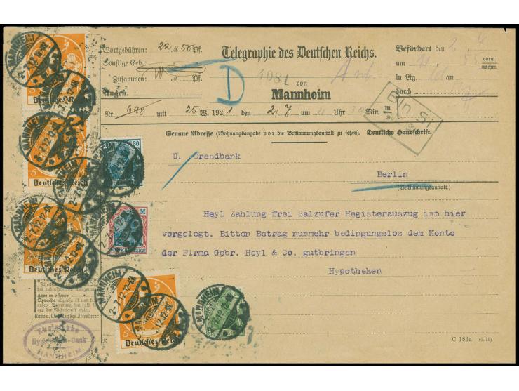 1920, Bayern Abschied 5 M., Type I (4) und Germania 2 M., 30 Pfg. und 20 Pfg. mit Stempel "MANNHEIM 2.7.12" (Fehleinstellung 