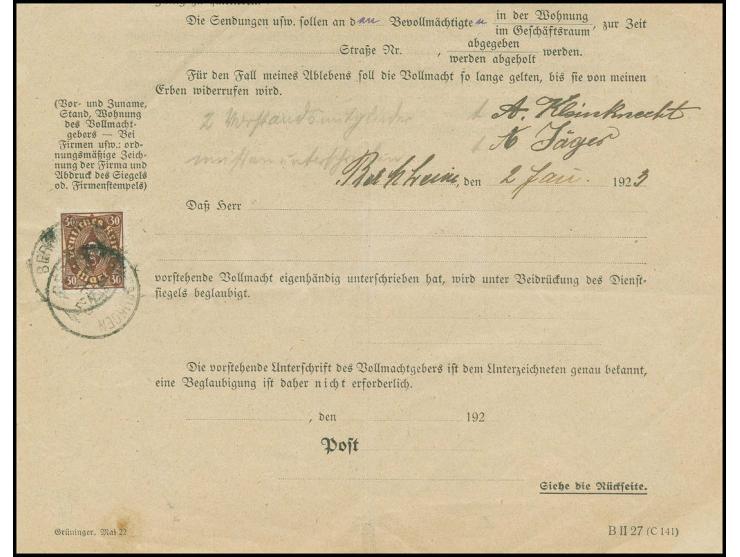 1922, Posthorn 30 M. mit Stempel "BERKHEIM 8.2.23" als Behandlungsgebühr auf einer Vollmacht für den Empfang genau bestimmter
