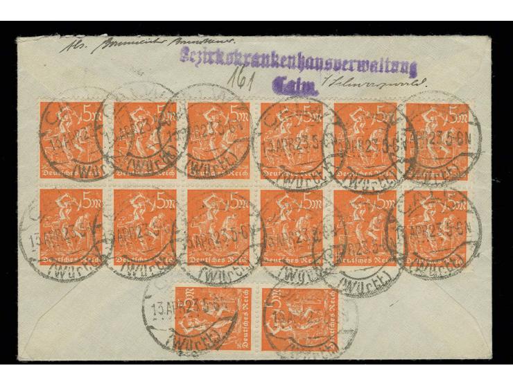 Arbeiter 5 M., 20 Stück mit Stempel "CALW 13.APR.23" vorder- und rückseitig als portogerechte Mehrfachfrankatur auf Brief nac