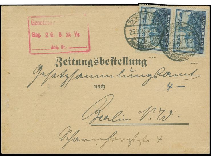 1923, Wartburg 5000 M. im senkrechten Paar mit Stempel "ZEHLENDORF 25.8.23" auf Zeitungsbestellung an das Gesetzsammlungsamt 