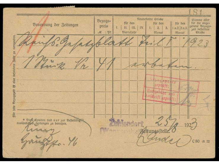 1923, Wartburg 5000 M. im senkrechten Paar mit Stempel "ZEHLENDORF 25.8.23" auf Zeitungsbestellung an das Gesetzsammlungsamt 