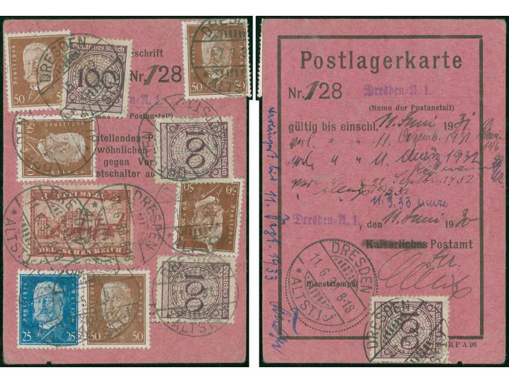 Marienburg 3 M. mit Stempel "DRESDEN 11.6.30" als Gebühr für 12 Monate auf Postlagerkarte, die Lagerfrist wurde danach mit di