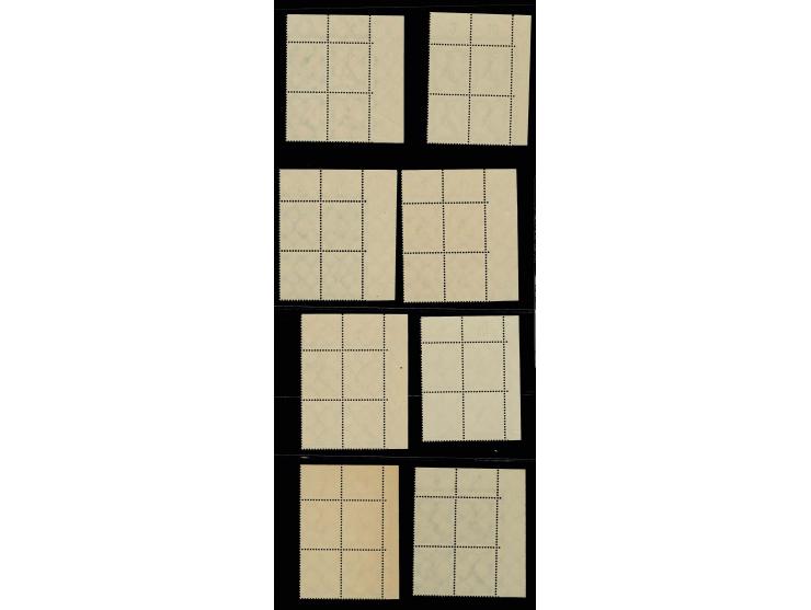 1926, Flugpost 5 Pfg.-3 M. kpl. in 4er-Blocks aus der rechten unteren Bogenecke, postfrisch, 1 M. minimale Kalanderbüge (Mi. 