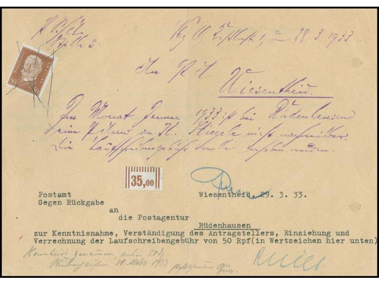 50 Pfg. mit Bleistift-Entwertung auf formlosem Laufschreiben über den Verbleib einer Postanweisung an das Postscheckamt Nürnb