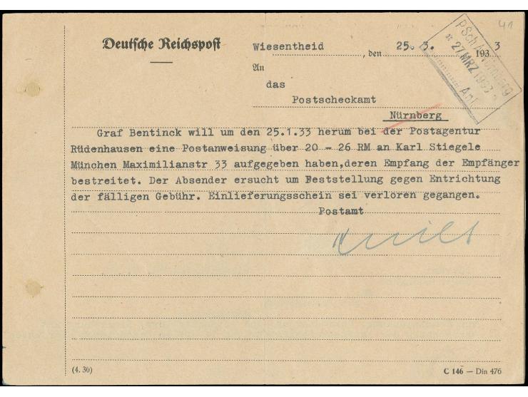 50 Pfg. mit Bleistift-Entwertung auf formlosem Laufschreiben über den Verbleib einer Postanweisung an das Postscheckamt Nürnb