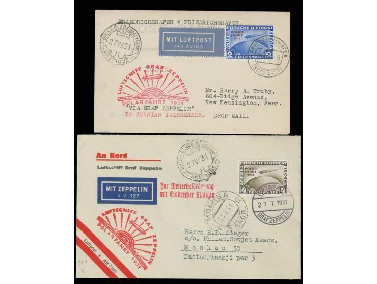 1931, Polarfahrt 4 M. auf Zeppelin-Vordruckumschlag und 2 M. auf Zeppelin-Karte der Polarfahrt, beide bis Malyguin, für 4 M. 