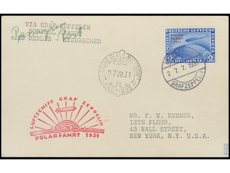 2 M., sauber mit Bordpoststempel auf Karte der Polarfahrt 1931 nach New York, Kabinett, selten, Fotoattest Schlegel BPP