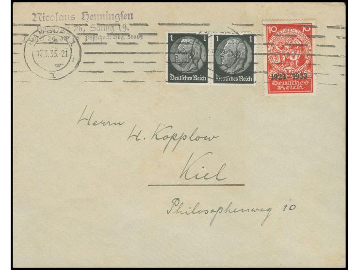10 Pfg. mit Hindenburg 1 Pfg. im waagerechten Paar mit Maschinenstempel "HAMBURG 1 12.3.53" auf Brief nach Kiel, leichte Pati