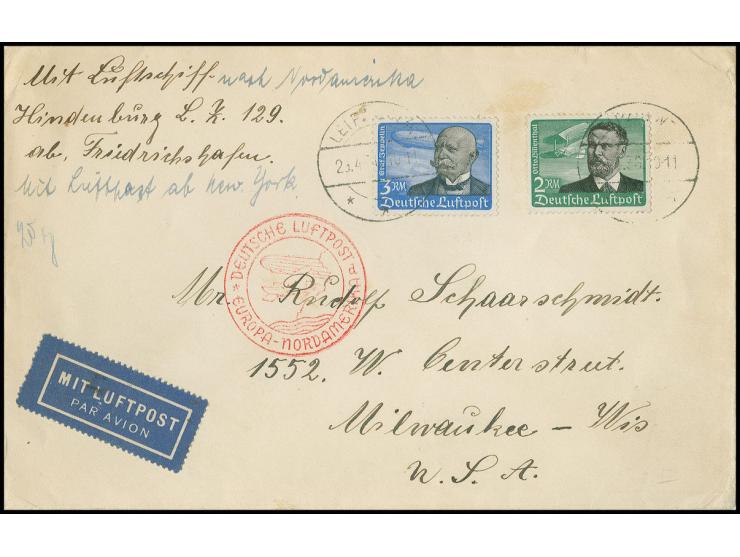 2 M. mit 3 M. mit senkrechter Riffelung, gestempelt "LEIPZIG 29.4.36" auf überfrankiertem Zeppelinbrief nach USA, äußerst sel