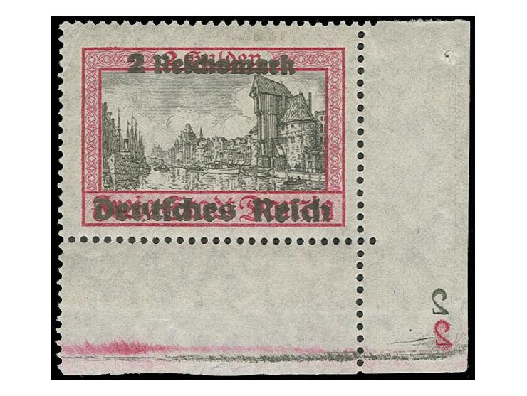 1939, Danzig Abschied 2 M. auf dickem Papier aus der rechten unteren Bogenecke mit spiegelverkehrter Plattennummer "2" in mag