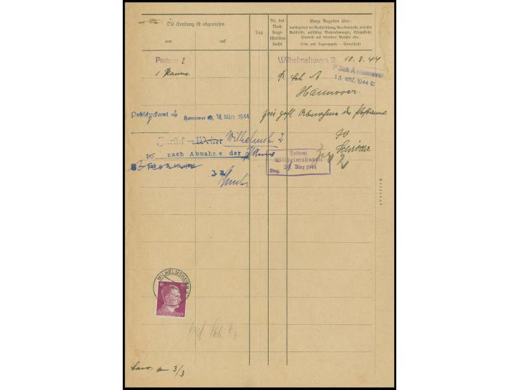 1941, Hitler 40 Pfg. mit Stempel "WILHELMSHAVEN 2/6.3.44" auf Nachfrageschreiben für eine Postanweisung an eine Feldpost-Adre