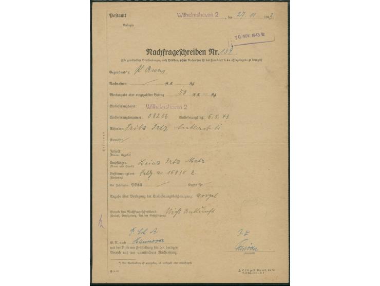 1941, Hitler 40 Pfg. mit Stempel "WILHELMSHAVEN 2/6.3.44" auf Nachfrageschreiben für eine Postanweisung an eine Feldpost-Adre