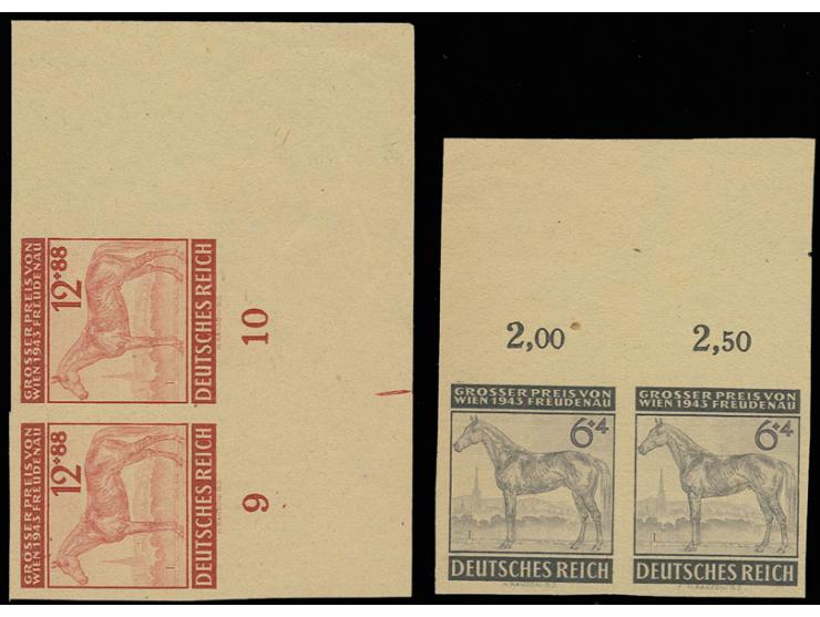 1943, Großer Preis von Wien 6 und 12 Pfg., Probedrucke auf gelblichem Kunstdruckpapier, je im waagerechten Paar vom Bogenrand