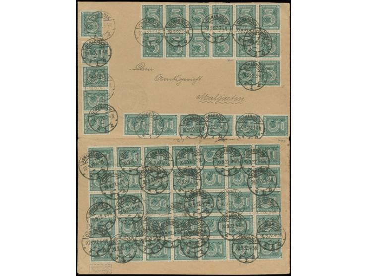 1920, mit Ziffer "21": 5 Pfg., 60 Stück in Einheiten (u.a. 35er-Block rückseitig) als portogerechte Mehrfachfrankatur auf Bri