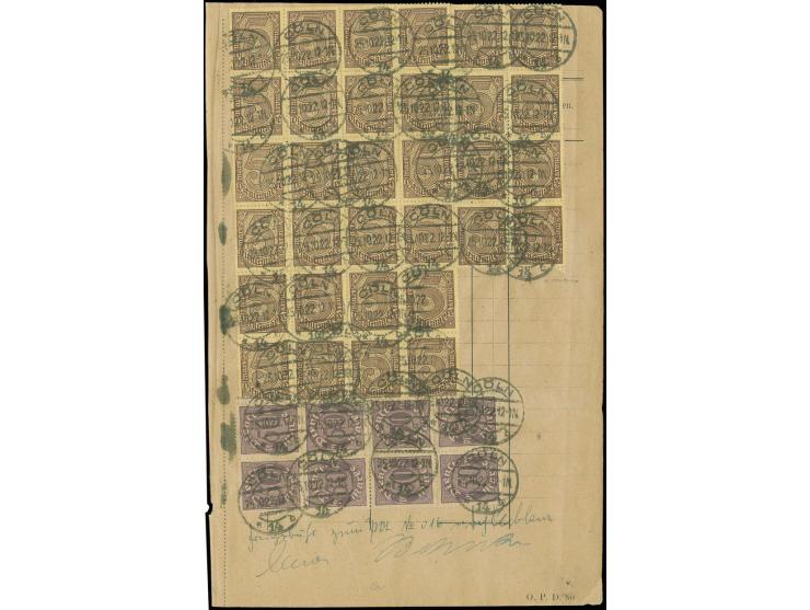 ohne Ziffer: 5 M. siena im 24er- und 8er-Block sowie 50 Pfg. im 8er-Block mit Stempel "CÖLN 25.10.22" als Gebühr für ein Eins