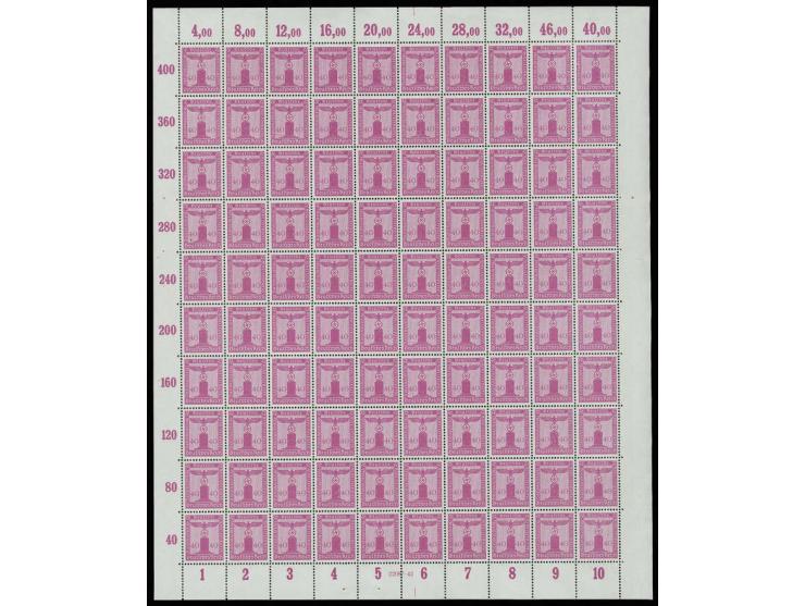 1942/44, Parteidienstmarke 40 Pfg. im kpl. Bogen mit Reihenwertzahl "46,00" statt "36,00", postfrisch (Mi. nur der Abart 850,