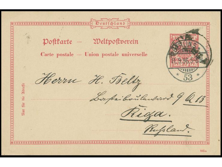 GANZSACHEN: 1894/95, Karte 10 Pfg. mit Plattenfehler "P im rechten PFENNIG mit kurzem Fuß" von "BERLIN 11.9.96" nach Riga, Pr