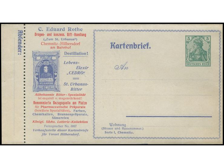 Germania 5 Pfg., Privat-Anzeigen-Kartenbrief für Chemnitz, Type A, Serie II mit Löschblatt, ungebraucht