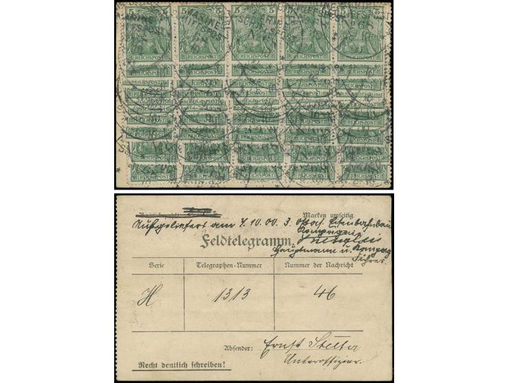 Mannschafts-Feldtelegramm, rückseitig frankiert mit 50 Werten Germania Reichspost 5 Pfg., jeder Wert sauber entwertet "KDMSP 