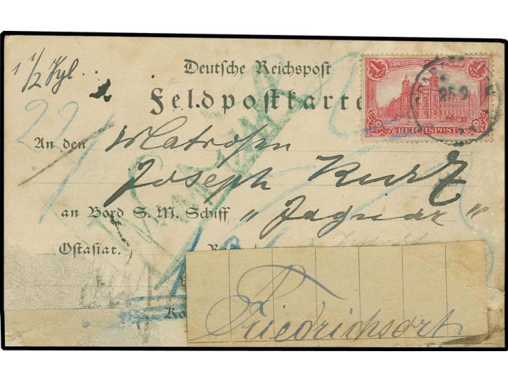 Dt. Reich 1 M. mit Stempel "SPA....25.9.00" als Gebühr für ein Feldpost-Paket auf entsprechendem Feldpostkarten-Formular an e