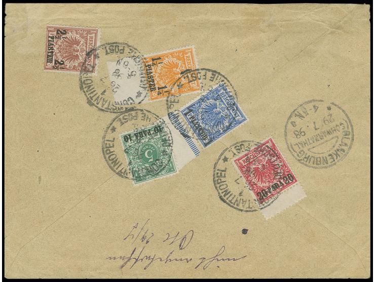1889/1900, Krone/Adler 20 Pa.-2½ Pia. kpl. mit Stempel "CONSTANTINOPEL 1 26/7 98" rückseitig auf  Nachnahme-R-Brief nach Blan