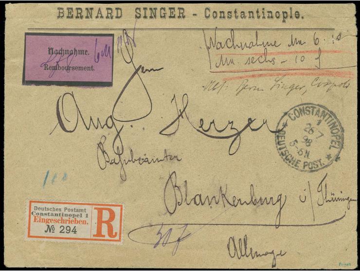 1889/1900, Krone/Adler 20 Pa.-2½ Pia. kpl. mit Stempel "CONSTANTINOPEL 1 26/7 98" rückseitig auf  Nachnahme-R-Brief nach Blan