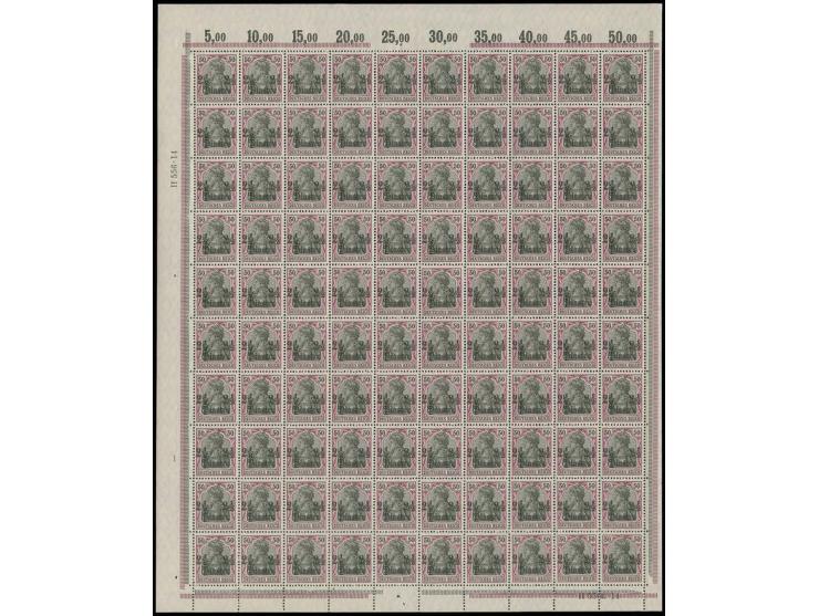 1905/13, mit Wz.: 10 Pa. -4 Pia., die Pfennig-Werte kpl. in Bogen zu 100 Marken, dabei 2½ Pia. auf dem seltenen orangeweißen 