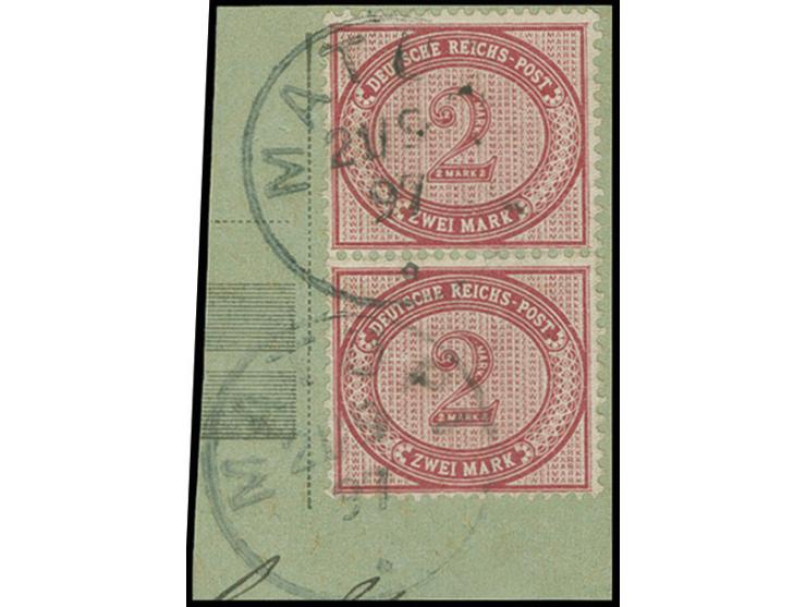 2 M. dunkelrotkarmin im senkrechten Paar mit Stempel "MATUPI 21.9.97" auf  Paketkarten-Briefstück, Kabinett