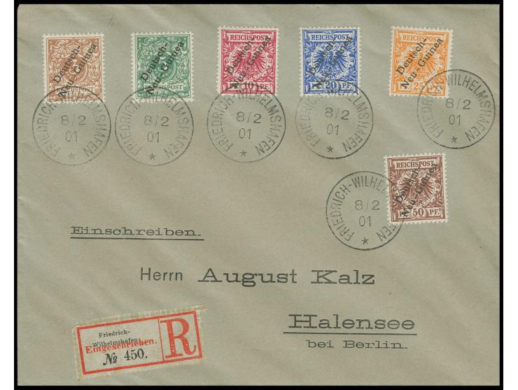 1897, 3 Pfg. hellockerbraun-50 Pfg. kpl. auf R-Brief von "FRIEDRICH-WILHELMSHAFEN 8/2 01" nach Halensee mit Ankunftsstempel, 
