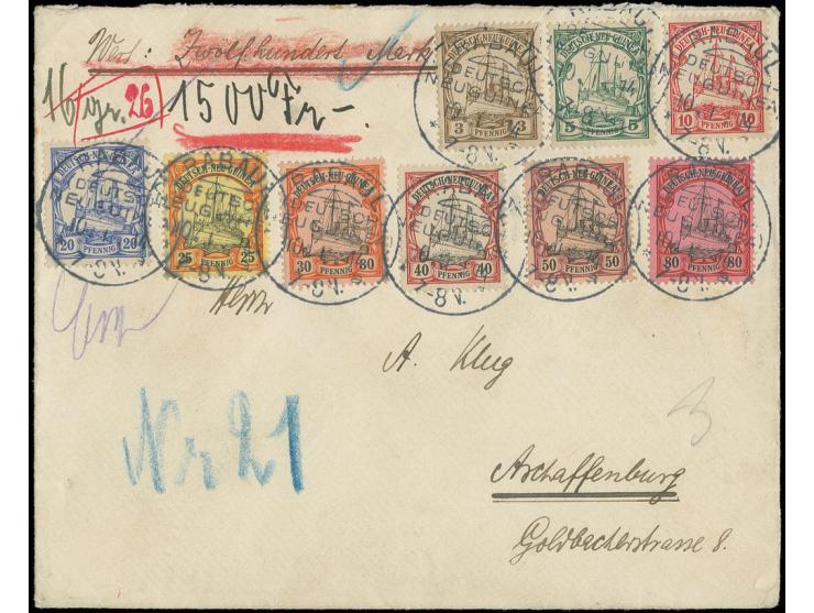 1908/09, 3-80 Pfg. kpl., jeweils sauber zentrisch gestempel "RABAUL 10.1.14" auf gesiegeltem Wertbrief nach Aschaffenburg mit