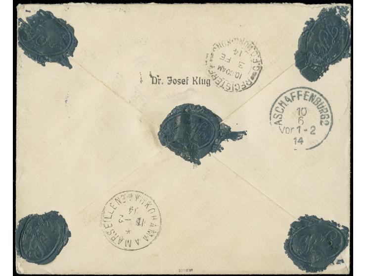 1908/09, 3-80 Pfg. kpl., jeweils sauber zentrisch gestempel "RABAUL 10.1.14" auf gesiegeltem Wertbrief nach Aschaffenburg mit