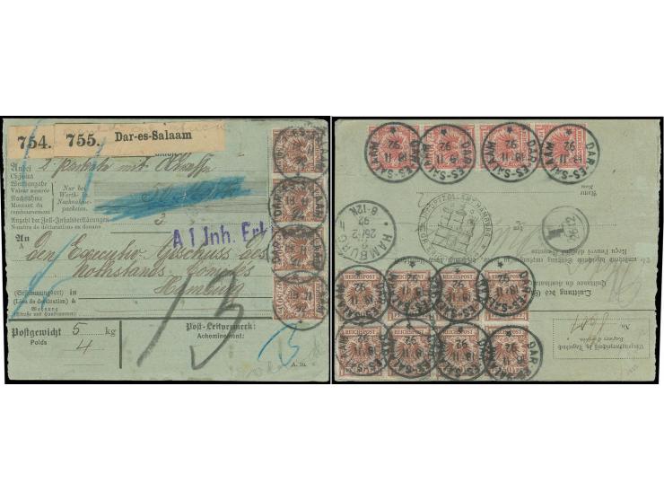 50 Pfg. lebhaftrötlichbraun im waagerechten 4er-Streifen und 8er-Block sowie 10 Pfg. lebhaftrosarot im senkrechten 4er-Streif