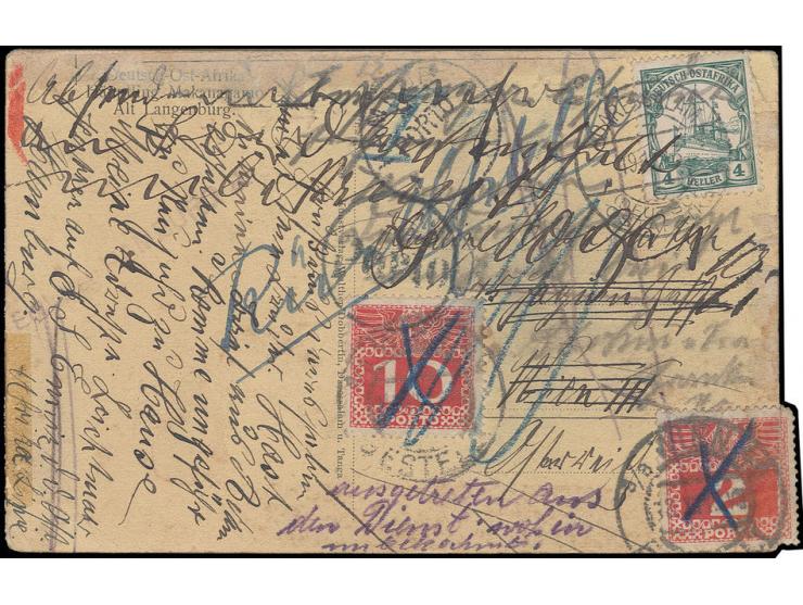 1905/20, mit Wasserzeichen: 4 H. mit Stempel "DARESSALAM DOA 19.12.13" auf unterfrankieter Ansichstkarte nach Wien mit Portom