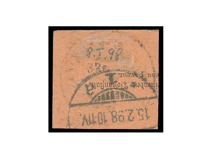 2 M. dunkelrotkarmin mit zentrischem "VICTORIA (KAMERUN-GEBIET) 8 1 98" auf Formularausschnitt, Kabinett, Fotoattest Jäschke-