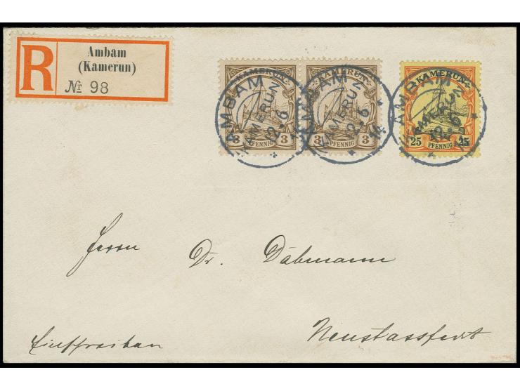STEMPEL: "AMBAM KAMERUN 12.6.14", 3 klare Abschläge auf Einschreibe-Brief mit 25 Pfg. und 3 Pfg. (2) nach Deutschland mit Ank