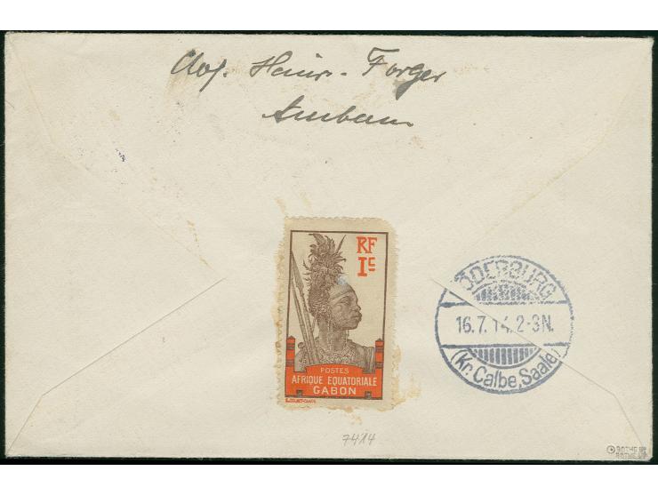 STEMPEL: "AMBAM KAMERUN 12.6.14", 3 klare Abschläge auf Einschreibe-Brief mit 25 Pfg. und 3 Pfg. (2) nach Deutschland mit Ank