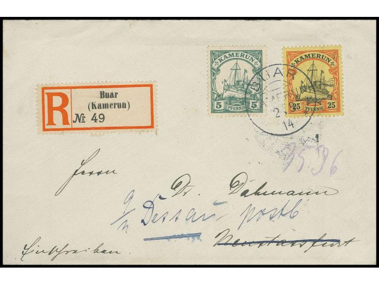 "BUAR KAMERUN 2.8.14", sehr klar auf Einschreibe-Brief mit 25 Pfg. und 5 Pfg.  sowie entsprechendem R-Zettel nach Deutschland