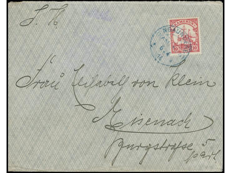 "NGAUNDERE KAMERUN 6.4.14", klarer Abschlag in blau auf Bedarfsbrief mit 10 Pfg. nach Deutschland, Pracht, doppelt sign. Dr. 