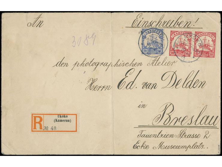 "UKOKU KAMERUN 19.12.13", zweimal sehr klar auf Einschreibe-Brief mit 20 Pfg. (2) und 10 (2) sowie R-Zettel "Ukoko (Kamerun)"