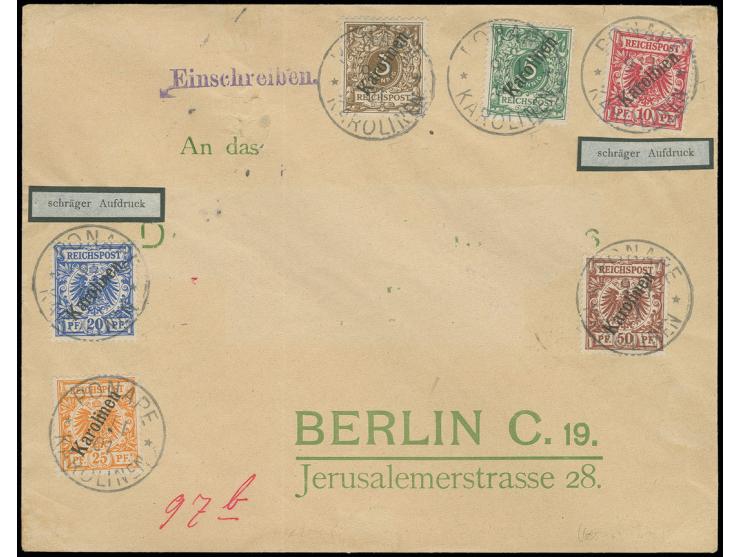 10 und 20 Pfg. mit Steilaufdruck 3, 5, 25 und 50 Pfg. mit jeweils zentrischem Stempel "PONAPE 9/1 01" auf philatelistischem R