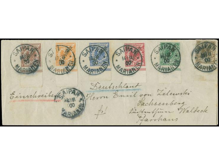 50 Pfg. und 20 Pfg. zusammen mit Steilaufdruck 3-10 Pfg. und 25 Pfg., alle mit Unterrand, jeweils klar gestempelt "SAIPAN 14.