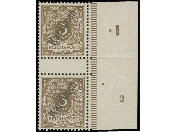 1900, Steilaufdruck 3 Pfg. im senkrechten Zwischenstegpaar vom rechten Bogenrand mit Platten-Nr. "II", in der oberen waagerec