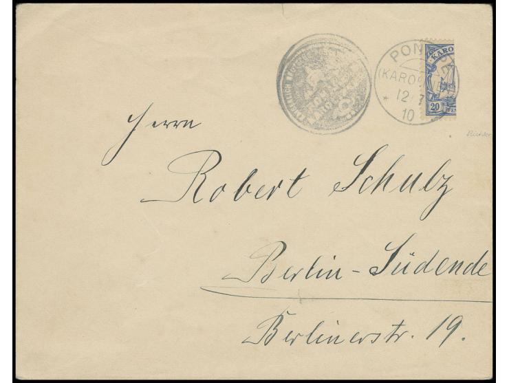 3. Ponape-Provisorium 20 Pfg., senkrecht halbiert mit sauberem Stempel "PONAPE 12/7 10" und nebengesetztem Dienstsiegel auf B